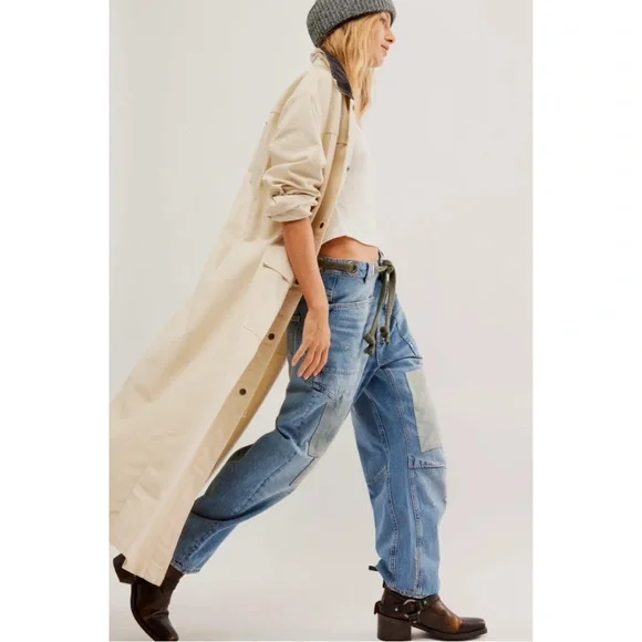 Free People Moxie Barrel Jeans Denim Blue Patches Baggy Slouchy Boho Festival 31 - Picture 2 of 14